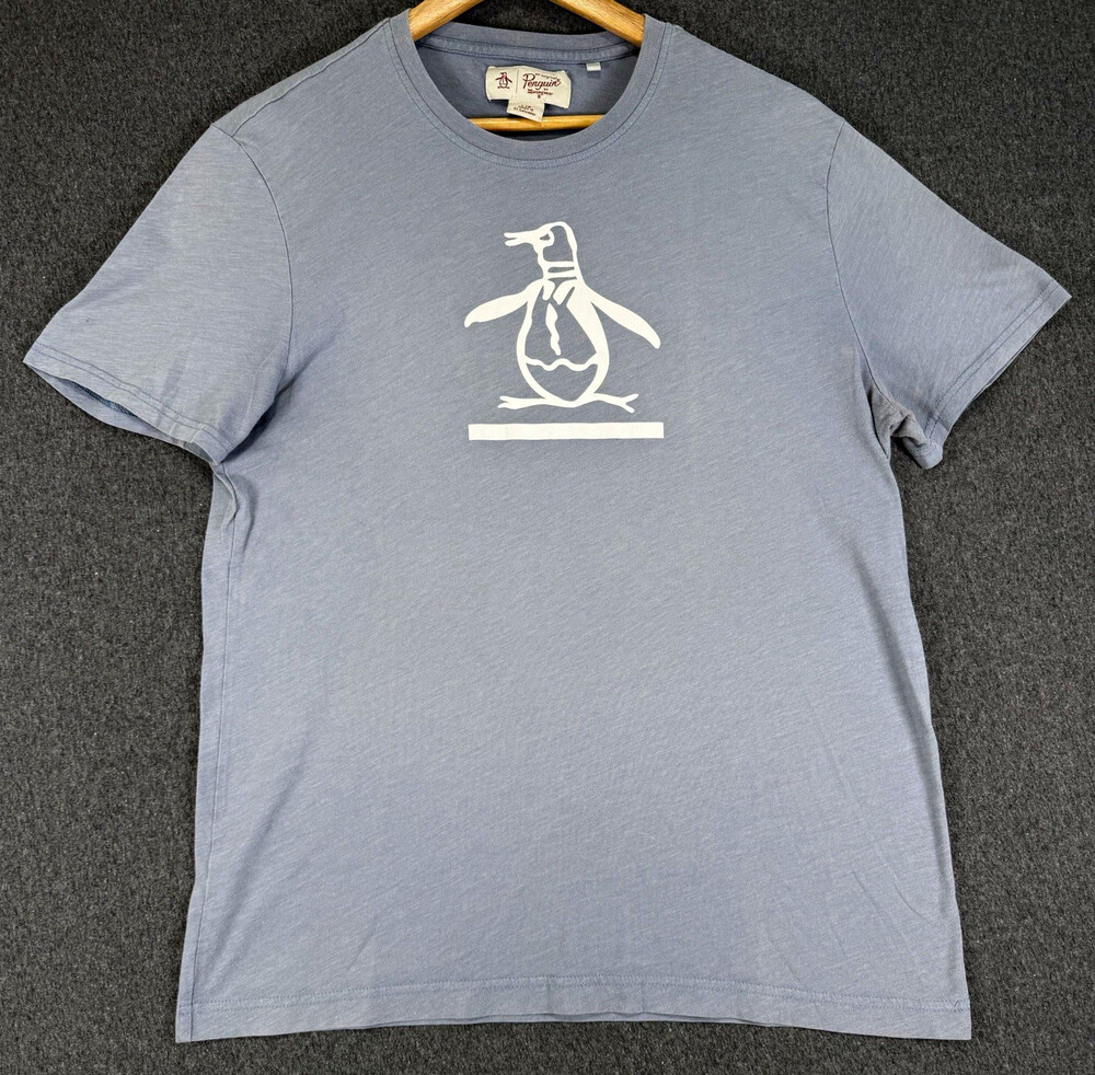 Original Penguin Mens L Gray Blue Logo Graphic T Shirt Short Sleeve Crew Neck